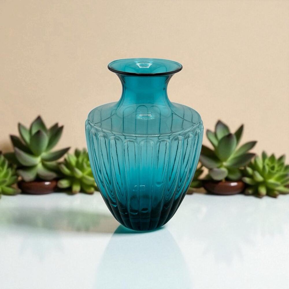 Vintage Turquoise Blue Ribbed Glass Mini Vase 4.75" Unmarked Pretty!